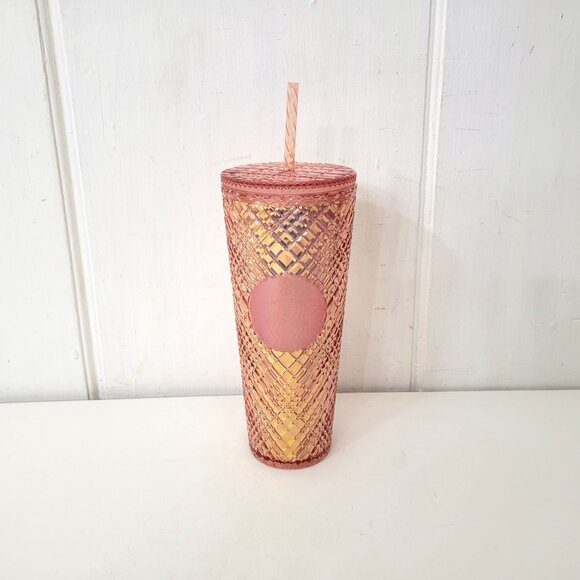 Starbucks 24 Oz Rose Gold Diamond Patterned Tumbler With Straw - Picture 5 of 5